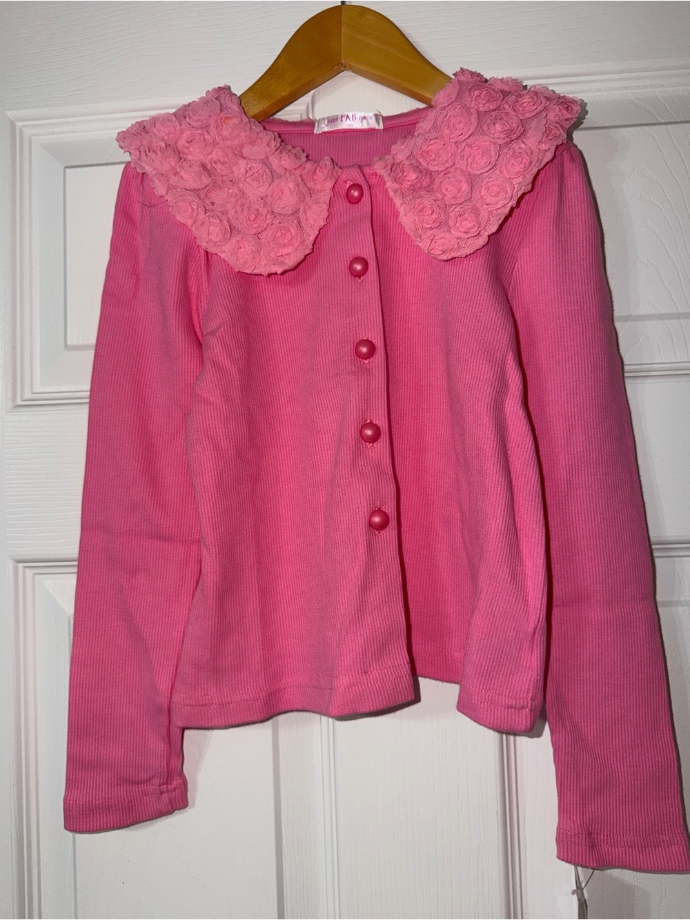 JustFab Pink Girls' Long Sleeve Cardigan with Rosette Collar